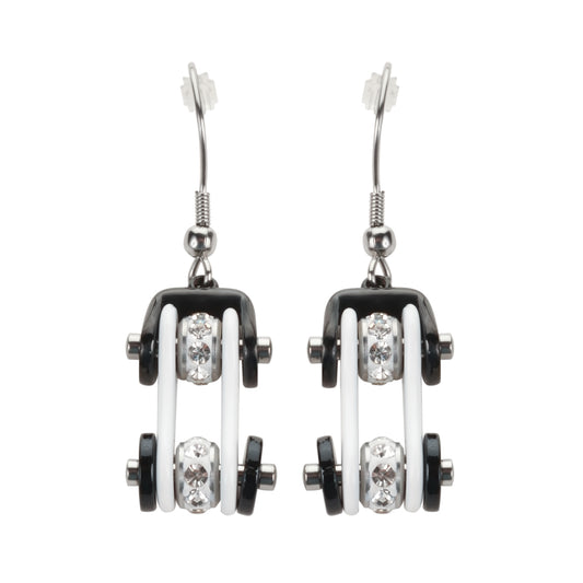 SK1198E  Two Tone White Black Silver Crystal Centers Bike Chain Earrings Stainless Steel Motorcycle Biker Jewelry