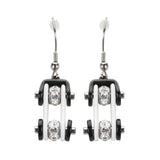 SK1198E  Two Tone White Black Silver Crystal Centers Bike Chain Earrings Stainless Steel Motorcycle Biker Jewelry