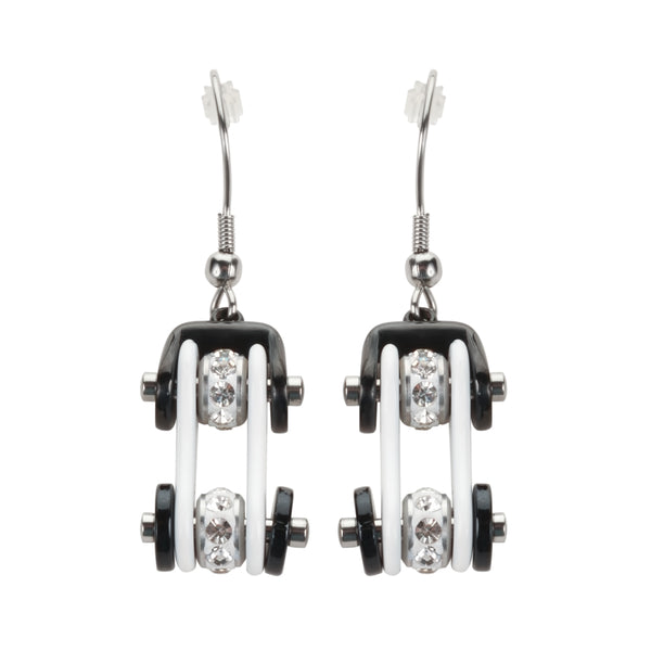 SK1198E  Two Tone White Black Silver Crystal Centers Bike Chain Earrings Stainless Steel Motorcycle Biker Jewelry
