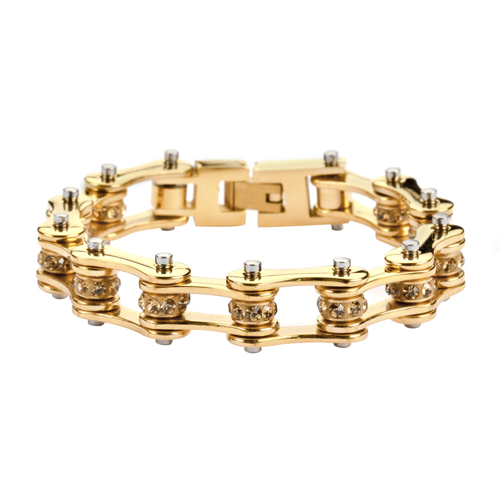 SK1199 1/2" Wide All Gold With Gold Crystal Centers Stainless Steel Motorcycle Bike Chain Bracelet