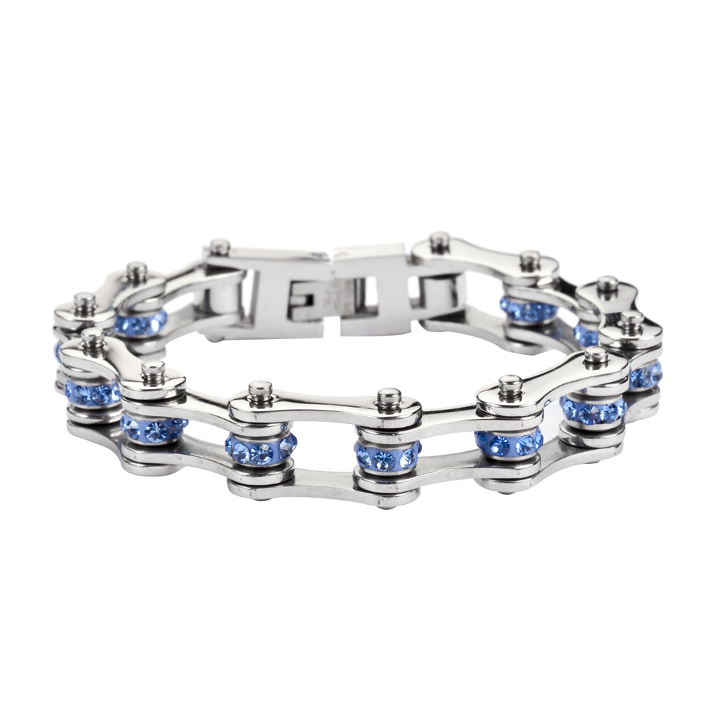 SK1205 1/2" Wide All Stainless With Blue Crystal Centers Stainless Steel Motorcycle Bike Chain Bracelet