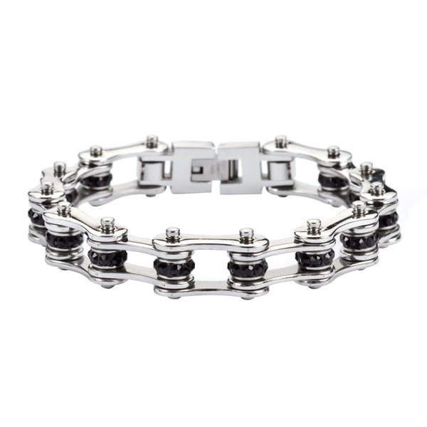 SK1206 1/2" Wide All Stainless With Black Crystal Centers Stainless Steel Motorcycle Bike Chain Bracelet