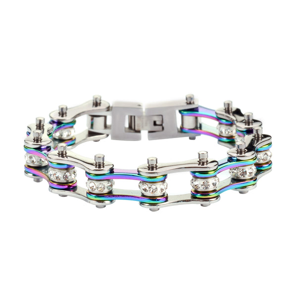 SK1207 1/2" Wide Two Tone Silver Rainbow With White Crystal Centers Stainless Steel Motorcycle Bike Chain Bracelet