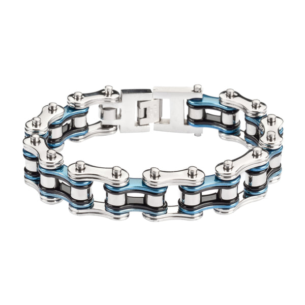 SK1210 3/4" Wide Tri-Color Police Silver Blue Black Double Link Design Unisex Stainless Steel Motorcycle Chain Bracelet
