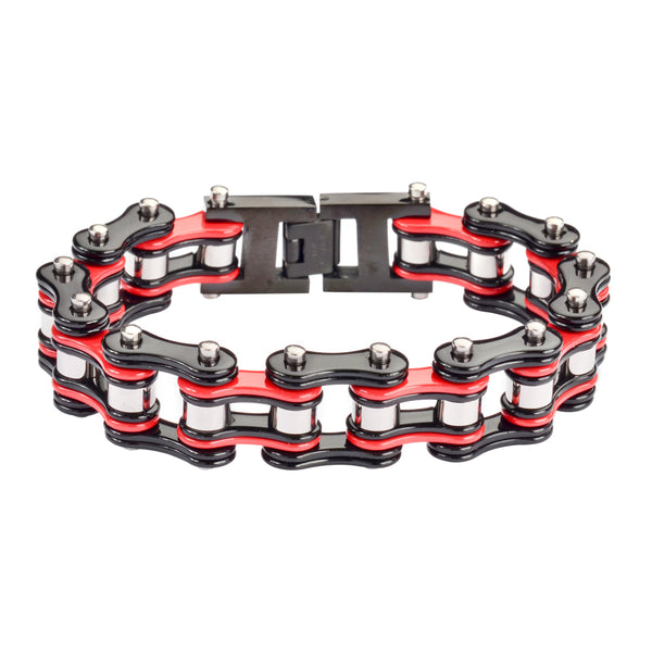 SK1284 Tri Color Black Red Silver 3/4" Wide Double Link Design Unisex Stainless Steel Motorcycle Chain Bracelet