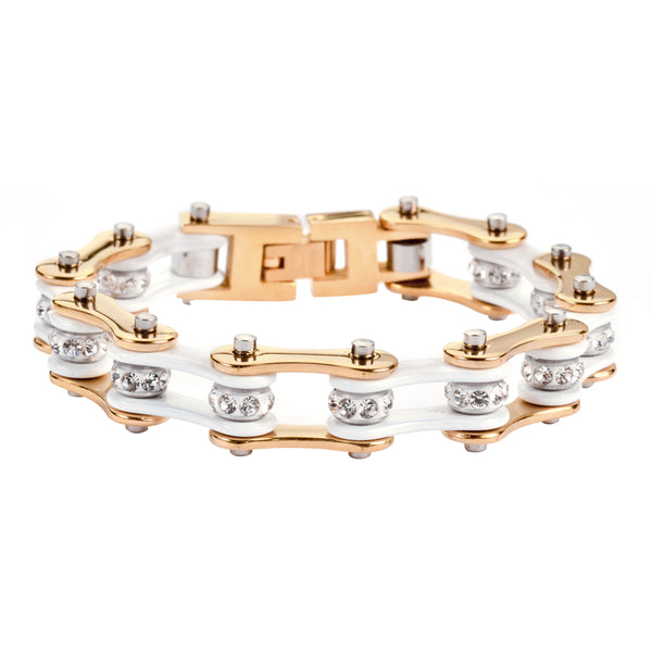 SK1290 1/2" Wide Two Tone Gold White With White Crystal Centers Stainless Steel Motorcycle Bike Chain Bracelet