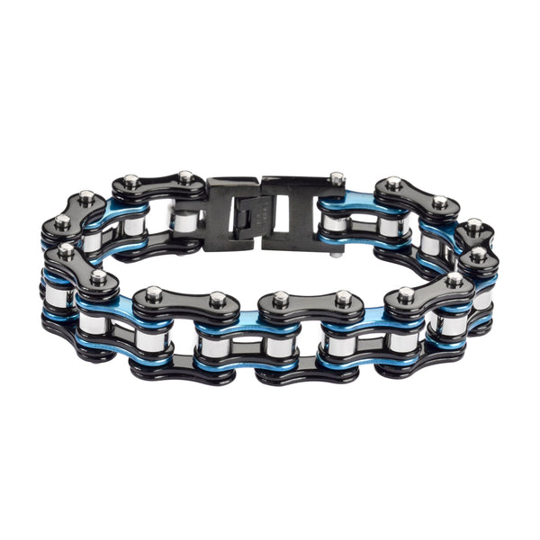 SK1291 3/4" Wide Tri-Color Black Blue Silver Double Link Design Unisex Stainless Steel Motorcycle Chain Bracelet