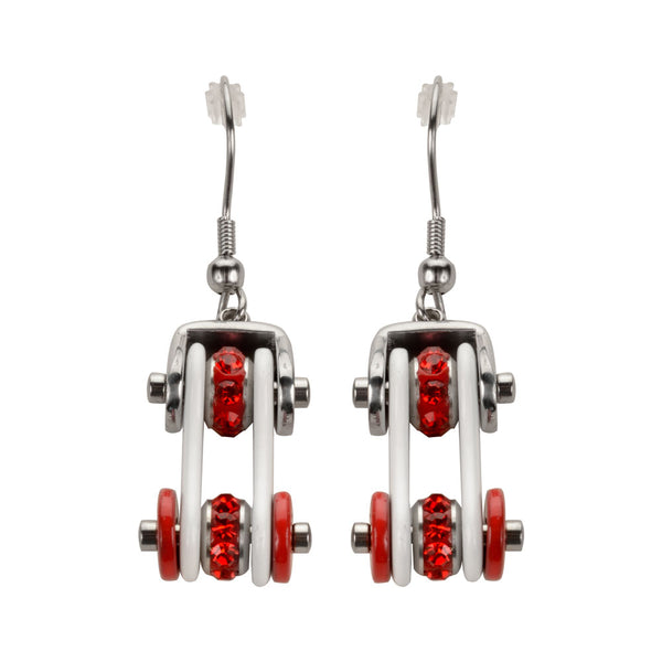 SK1292E  Two Tone Silver White Red Crystal Centers Bike Chain Earrings Stainless Steel Motorcycle Biker Jewelry