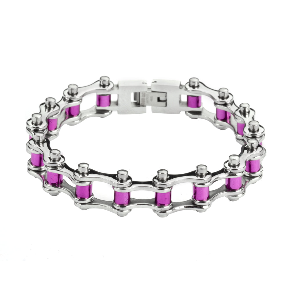 SK1296 1/2" Wide All Stainless Steel Purple Candy Rollers Stainless Steel Motorcycle Bike Chain Bracelet