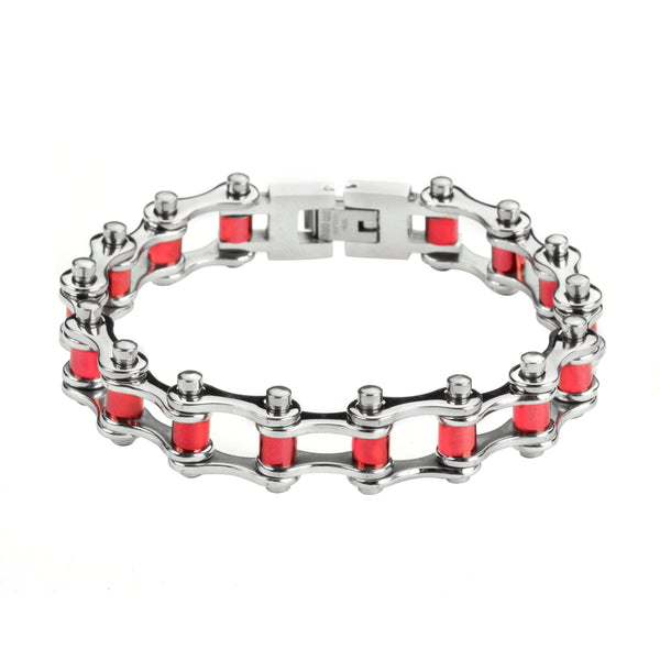 SK1298 1/2" Wide All Stainless Steel Red Rollers Stainless Steel Motorcycle Bike Chain Bracelet