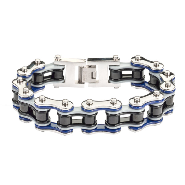 SK1302 3/4" Wide Quad Color Silver Blue Grey Black Double Link Design Men's Stainless Steel Motorcycle Chain Bracelet