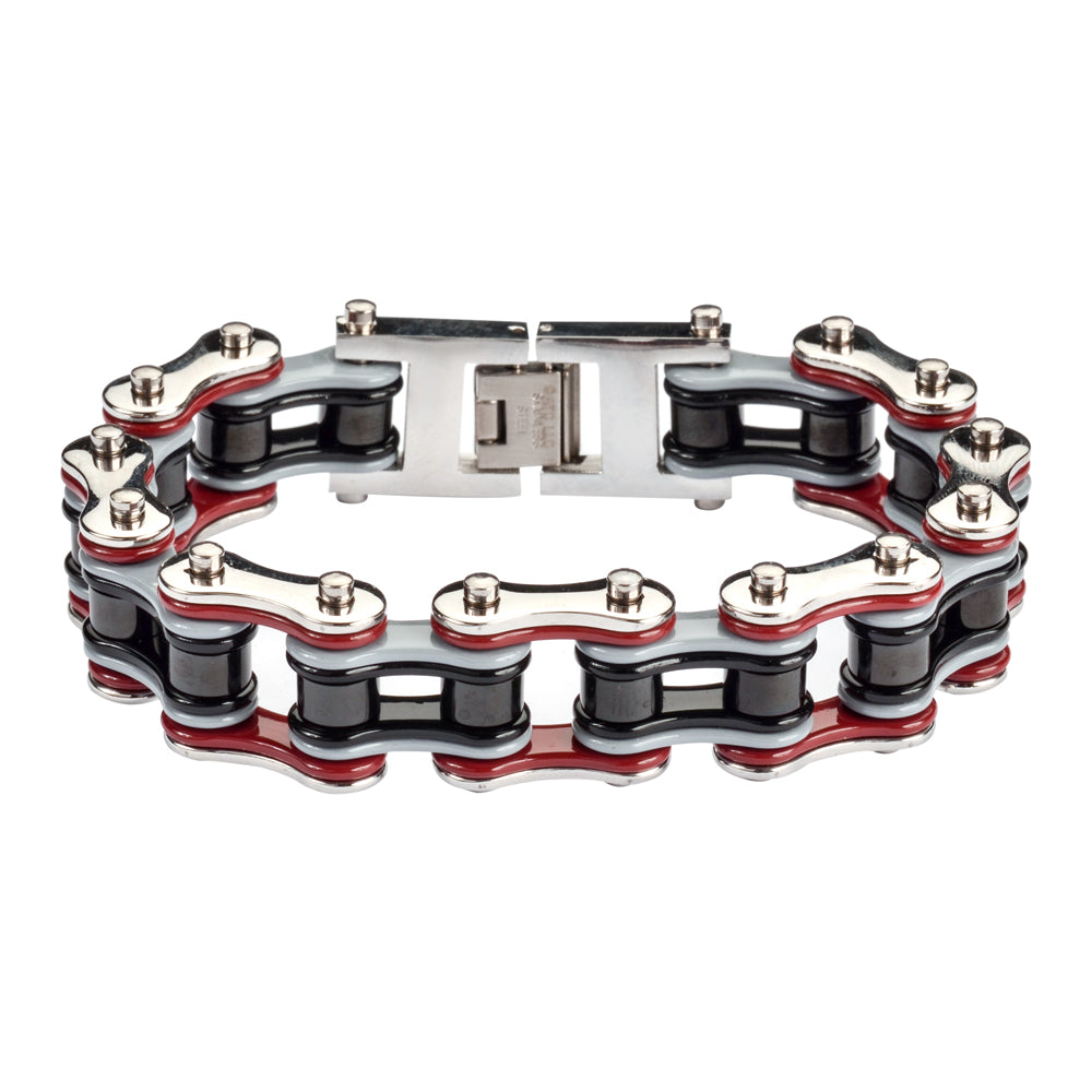 SK1309 Quad Color Silver Red Grey Black 3/4" Wide Double Link Design Men's Stainless Steel Motorcycle Chain Bracelet