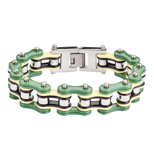 SK1315 Quad Color Green Cream Black Silver 3/4" Wide Double Link Design Men's Stainless Steel Motorcycle Chain Bracelet