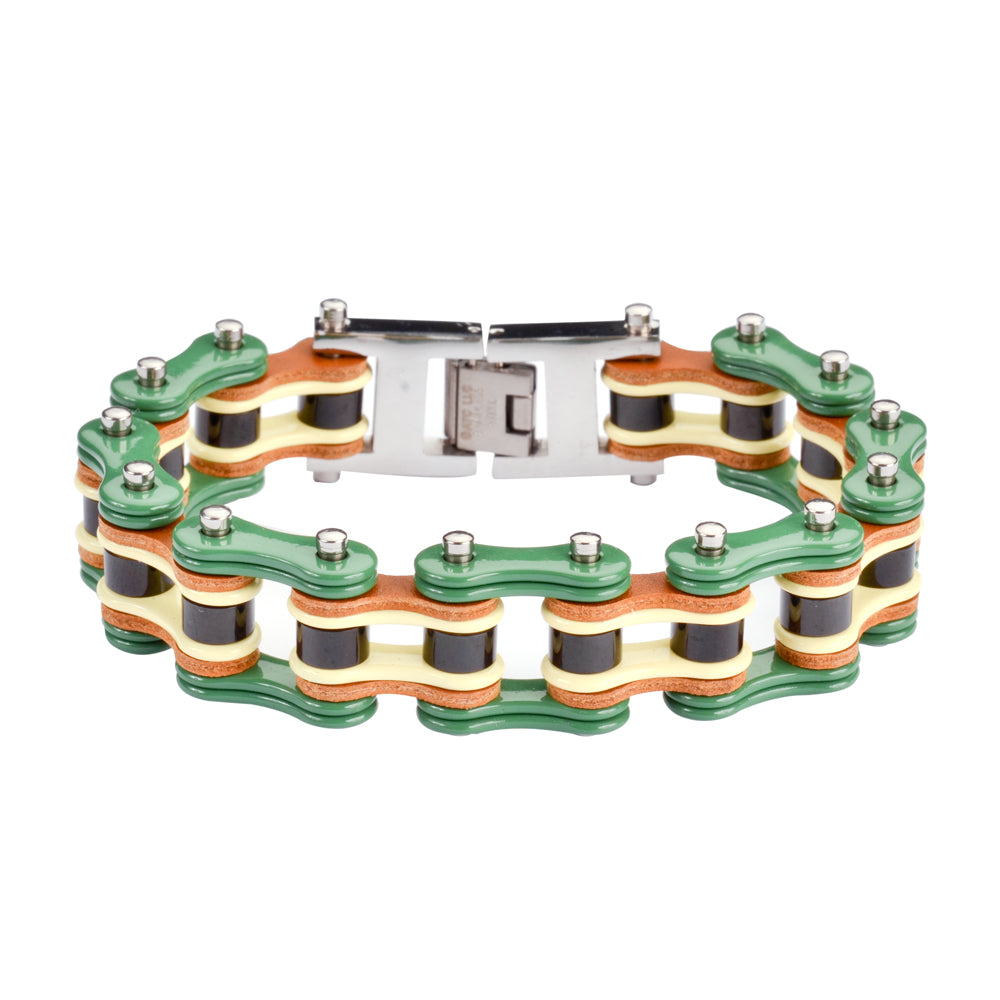 SK1320 3/4" Wide Tri Color Green Yellow Black Leather Men's Stainless Steel Motorcycle Chain Bracelet