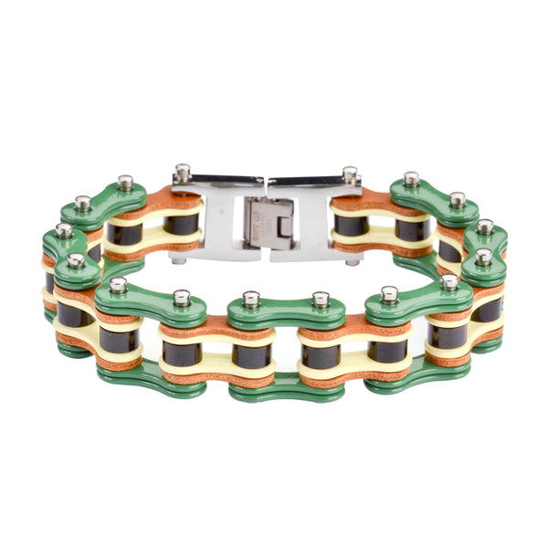 SK1320 3/4" Wide Tri Color Green Yellow Black Leather Men's Stainless Steel Motorcycle Chain Bracelet