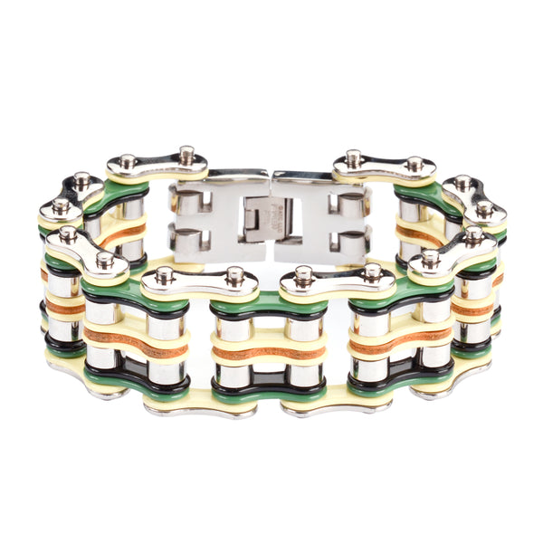 SK1324 1" Wide Quad Color Silver Yellow Green Black Leather Men's Stainless Steel Motorcycle Chain Bracelet