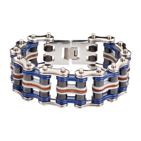 SK1332 1" Wide Quad Color Tone Silver Blue Black Grey Leather Men's Stainless Steel Motorcycle Chain Bracelet