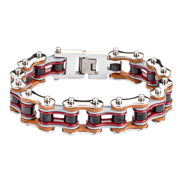 SK1337 3/4" Wide Quad Color Silver Grey Red Black Leather Double Link Design Men's Stainless Steel Motorcycle Chain Bracelet