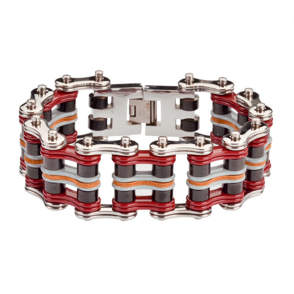 SK1341 Quad Color 1" Wide Silver Red Black Grey Leather Stainless Steel Motorcycle Chain Bracelet