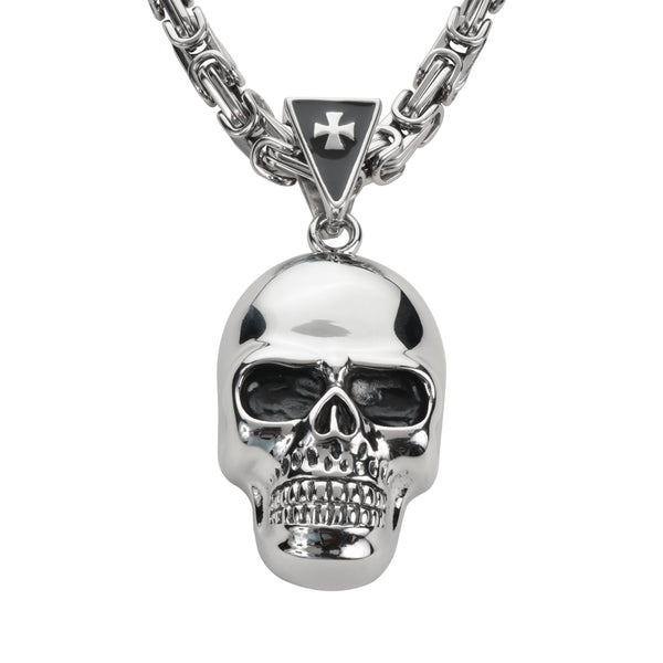 SK1422 Skull 3" Tall 24" With Byzantine Link Chain Stainless Steel Motorcycle Jewelry
