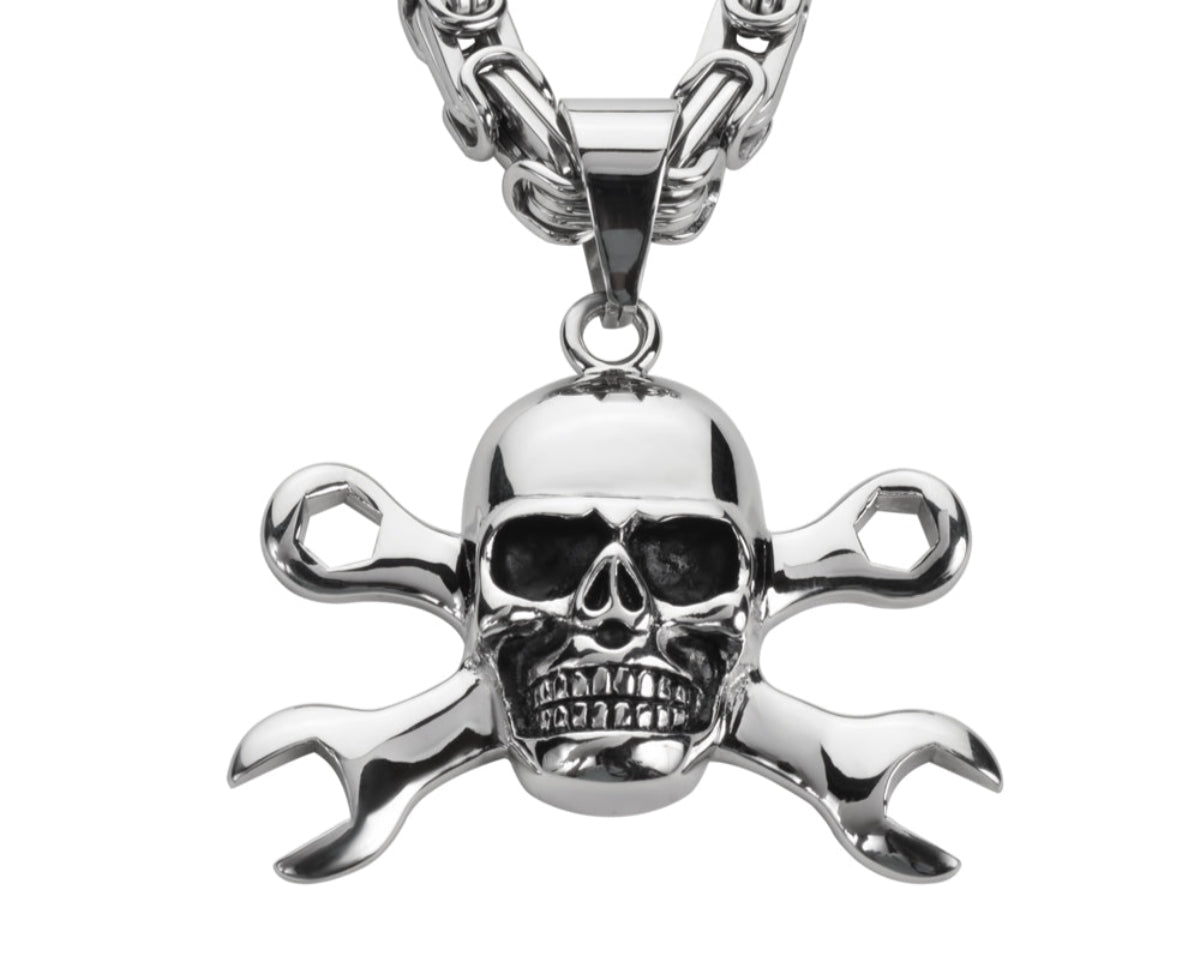SK1424 Skull 2 1/4" Tall With 24" Fancy Link Chain Stainless Steel Motorcycle Jewelry