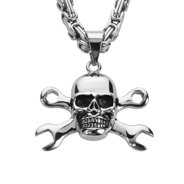SK1424 Skull 2 1/4" Tall With 24" Fancy Link Chain Stainless Steel Motorcycle Jewelry