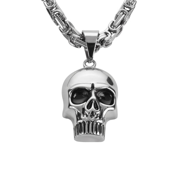 SK1426 Skull 2 1/4" Tall 24" Byzantine Link Chain Stainless Steel Motorcycle Jewelry