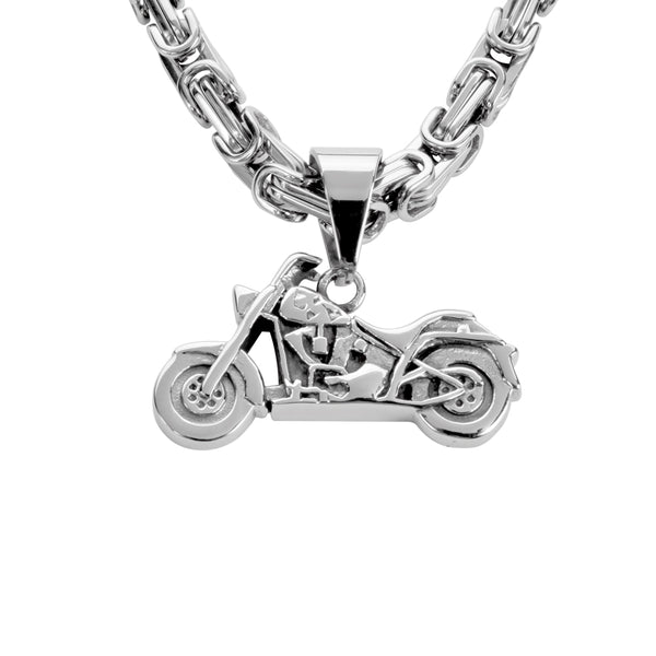 SK1430   Motorcycle 1 1/2" Tall With 24" Byzantine Link Chain Stainless Steel Motorcycle Jewelry