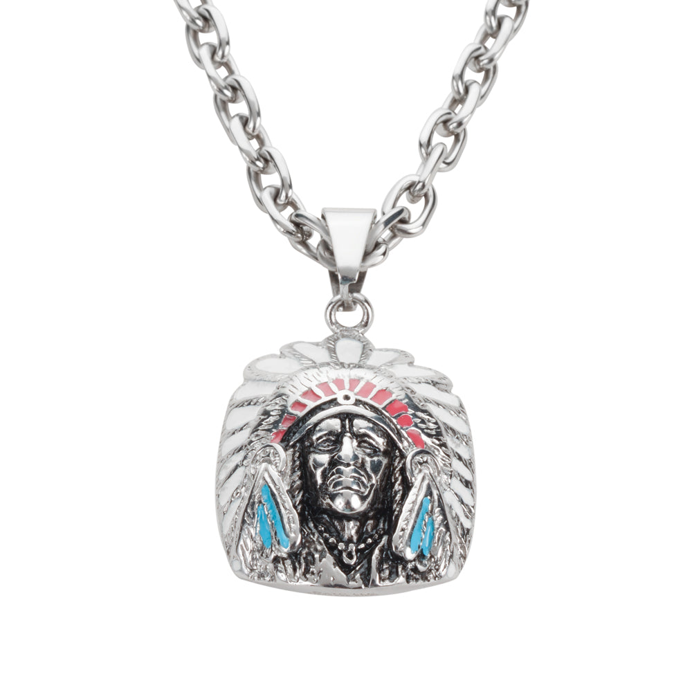 SK1510 Indian Headdress Enameled Red Blue 1 3/4" Tall With 6 Millimeter Chain Stainless Steel Motorcycle Jewelry