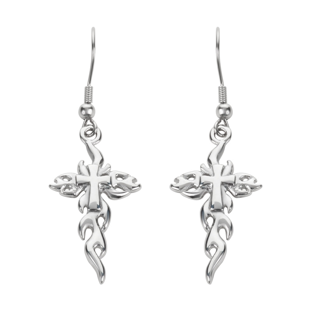SK1524  Flaming Cross French Wire Earrings Silver Tone Stainless Steel Motorcycle Biker Jewelry