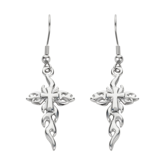 SK1524  Flaming Cross French Wire Earrings Silver Tone Stainless Steel Motorcycle Biker Jewelry