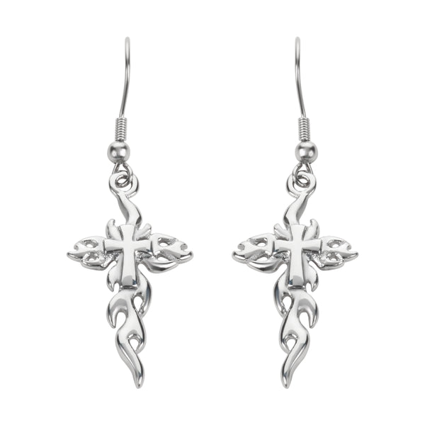 SK1524  Flaming Cross French Wire Earrings Silver Tone Stainless Steel Motorcycle Biker Jewelry