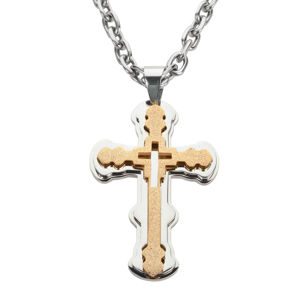 SK1564 2.5" Triple Layer Cross With 5 Millimeter Byzantine Necklace 24" Stainless Steel Religious Jewelry