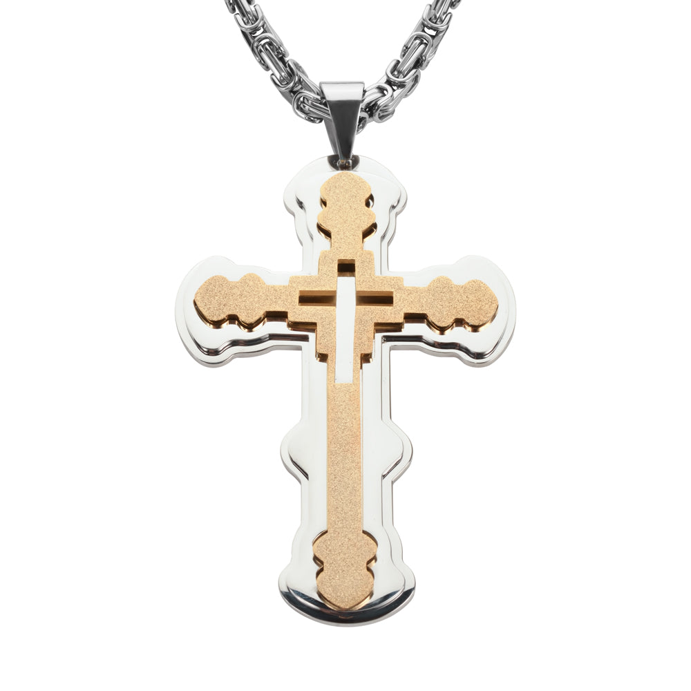 SK1565 4" Triple Layer Cross With 7 Millimeter Byzantine Necklace 24" Stainless Steel Religious Jewelry