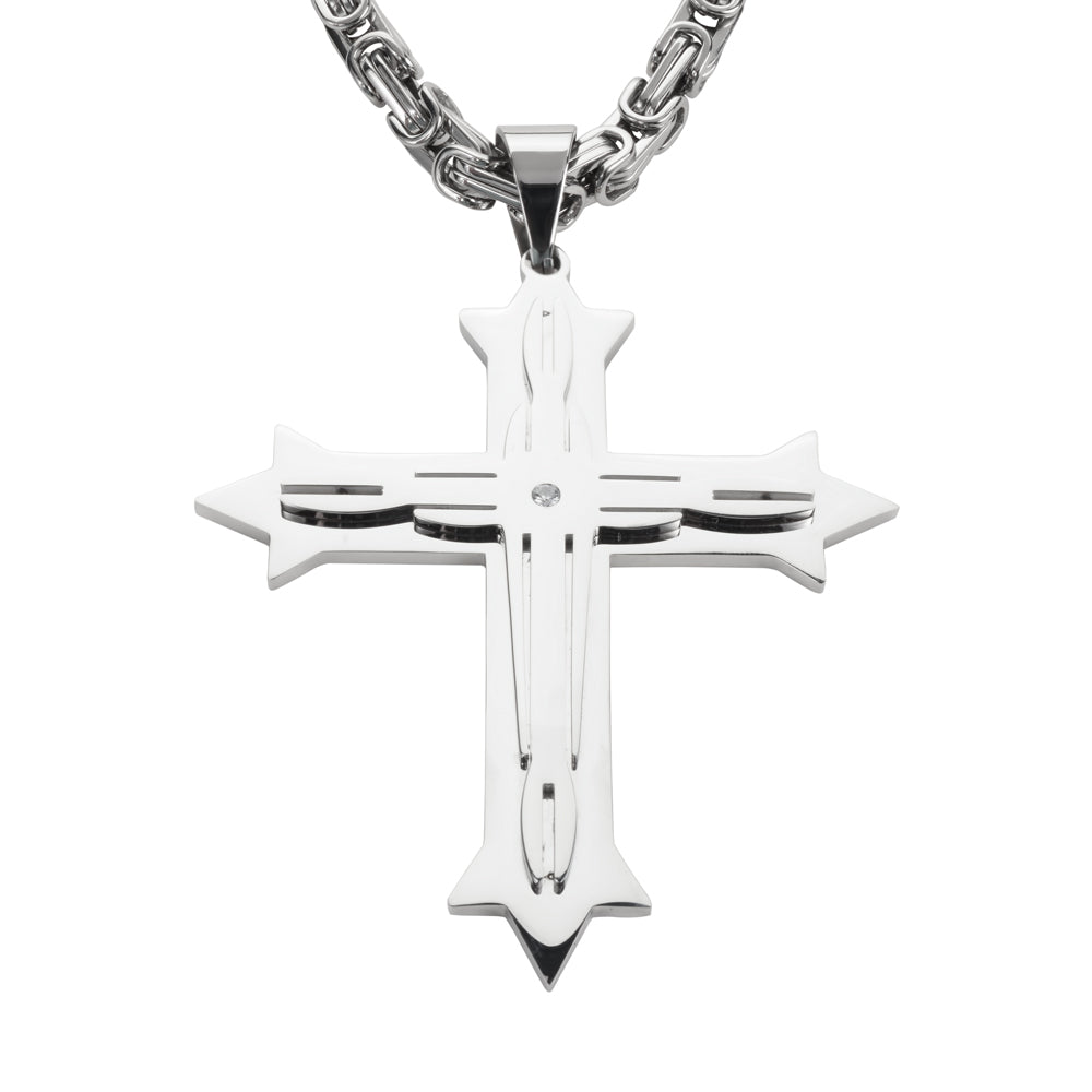 SK1567 4" Triple Layer Cross With 7 Millimeter Byzantine Necklace 24" Stainless Steel Religious Jewelry