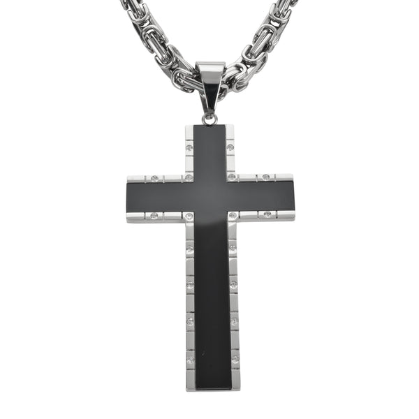 SK1572 2.5" Onyx Inlay Cross With 5 Millimeter Byzantine Necklace 24" Stainless Steel Religious Jewelry