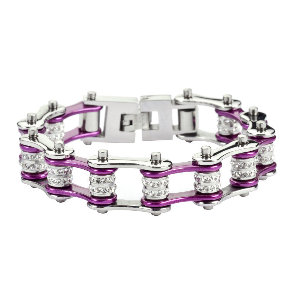 SK1603 1/2" Wide Silver Candy Purple Double Crystal Rollers Stainless Steel Motorcycle Bike Chain Bracelet