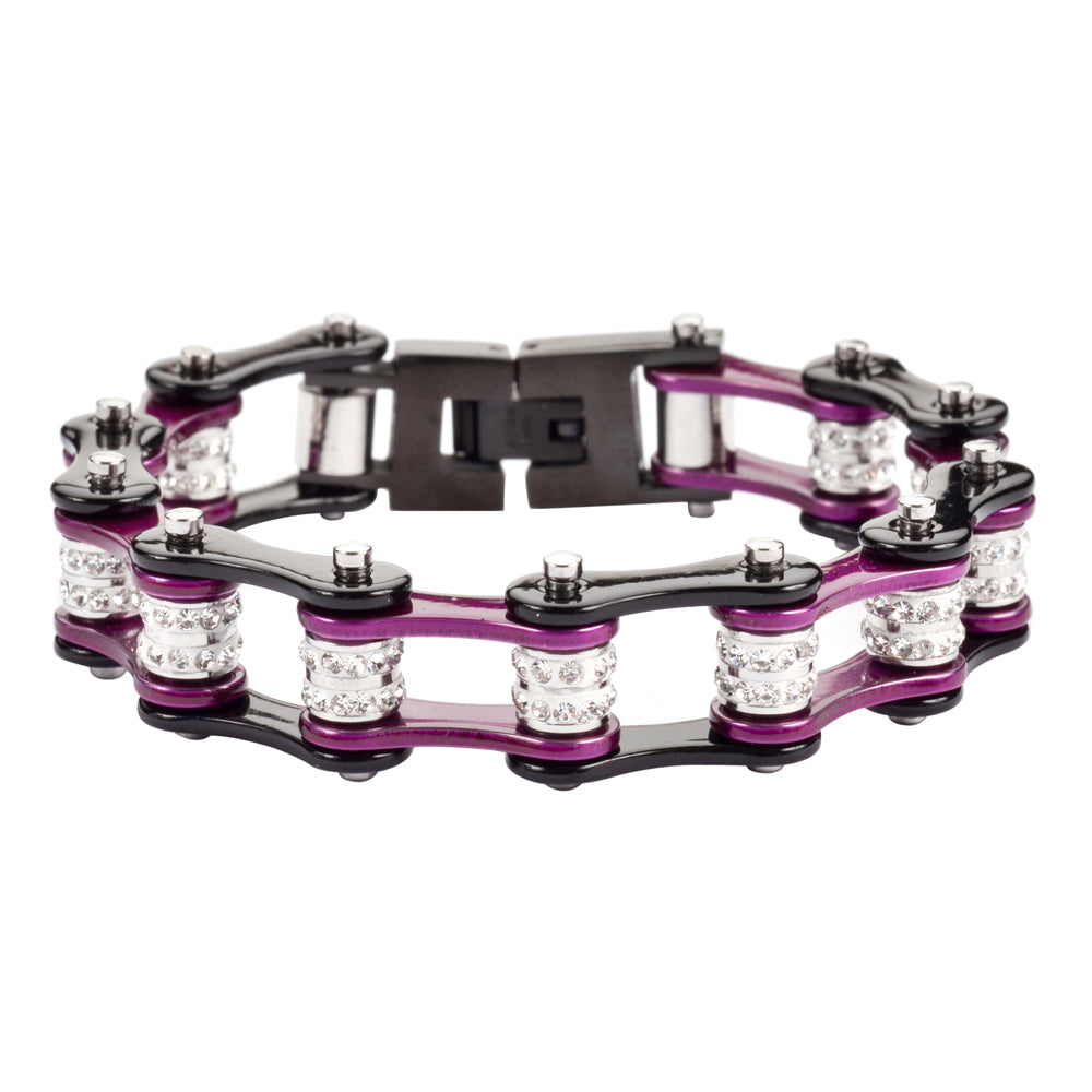 SK1609 1/2" Wide Black Candy Purple Double Crystal Rollers stainless Steel Motorcycle Bike Chain Bracelet