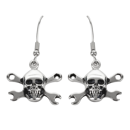 SK1630  Skull Wrenches French Wire Earrings Stainless Steel Motorcycle Biker Jewelry