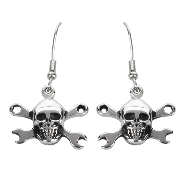 SK1630  Skull Wrenches French Wire Earrings Stainless Steel Motorcycle Biker Jewelry