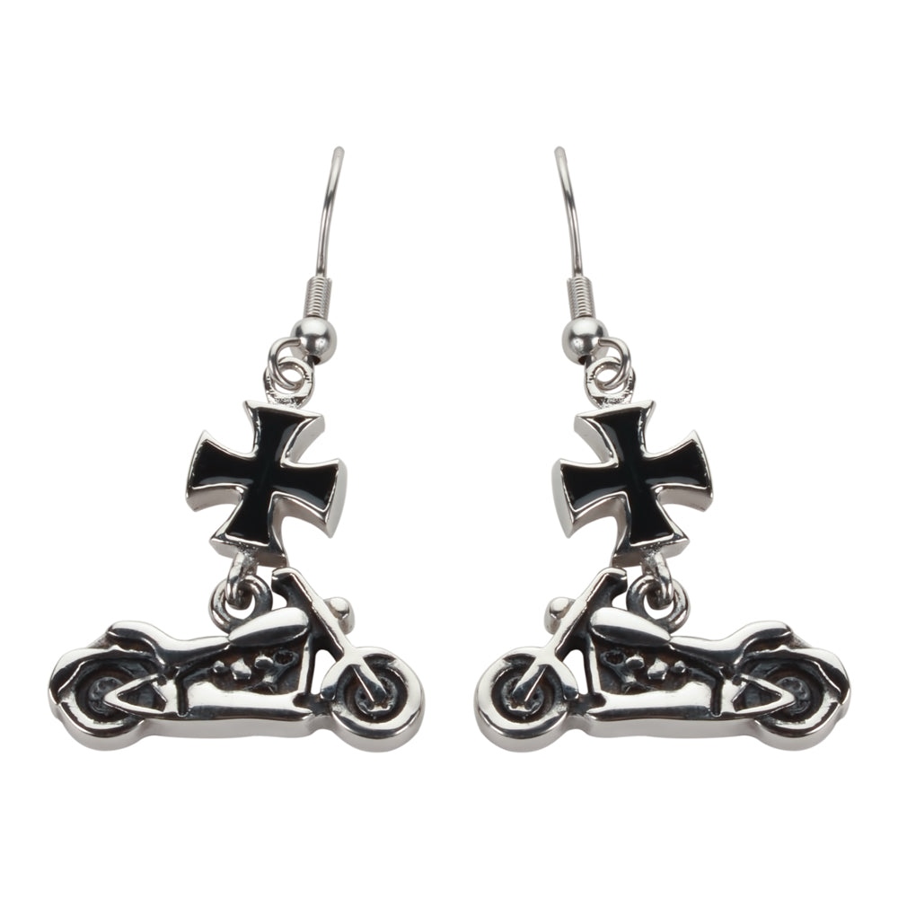 SK1642   Small Motorcycle Iron Cross French Wire Earrings Stainless Steel Motorcycle Biker Jewelry