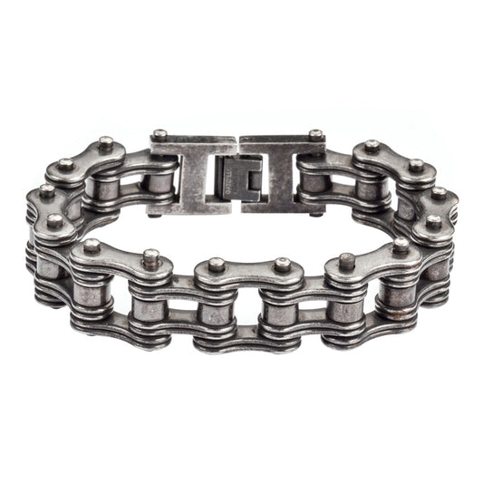 SK1702 Distressed Antique Finish 3/4" Wide Double Link Design Men's Stainless Steel Motorcycle Chain Bracelet