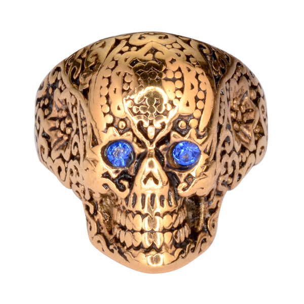 SK1772  Ladies Blue Eyed Tribal Tattoo Skull Ring Gold Edition Stainless Steel Motorcycle Jewelry  Size 6-10