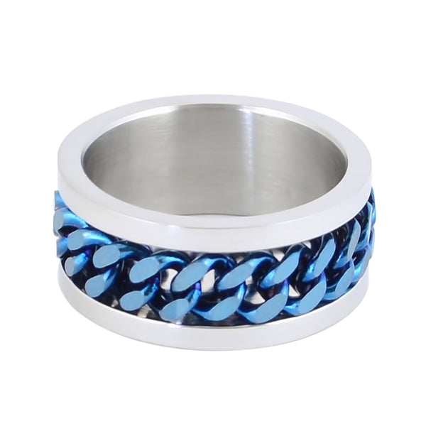 SK1780D Silver/Blue Edition  Gents Cuban Link Spinner Ring Stainless Steel Motorcycle Jewelry  Size 8-15