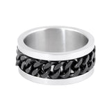 SK1780B Silver/Black Edition  Gents Cuban Link Spinner Ring Stainless Steel Motorcycle Jewelry  Size 8-15