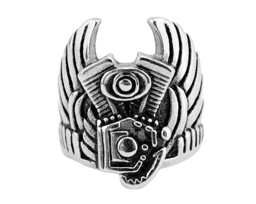 SK2231 Gents Engine With Wings To Heaven Ring Stainless Steel Motorcycle Jewelry Size 9-15