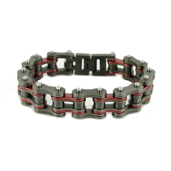 SK2256 3/4" Wide All New Gunmetal/Candy Red Finish Stainless Steel Motorcycle Chain Bracelet