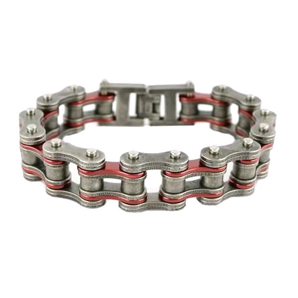 SK2257 Stainless Steel 3/4" Wide Two Tone Distressed/Candy Red Motorcycle Chain Bracelet