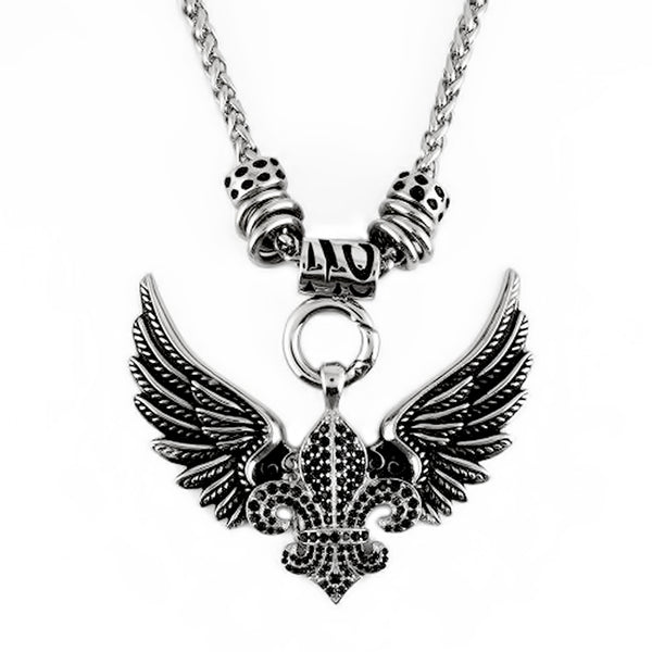 SK2260BLK BLACK Ladies Angel Open Wing & Cross Black Bling Pendant With 4mm Foxtail Necklace 19" Stainless Steel