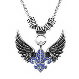 SK2260BLU Ladies Angel Open Wing & Cross Blue Bling Pendant With 4mm Foxtail Necklace 19" Stainless Steel